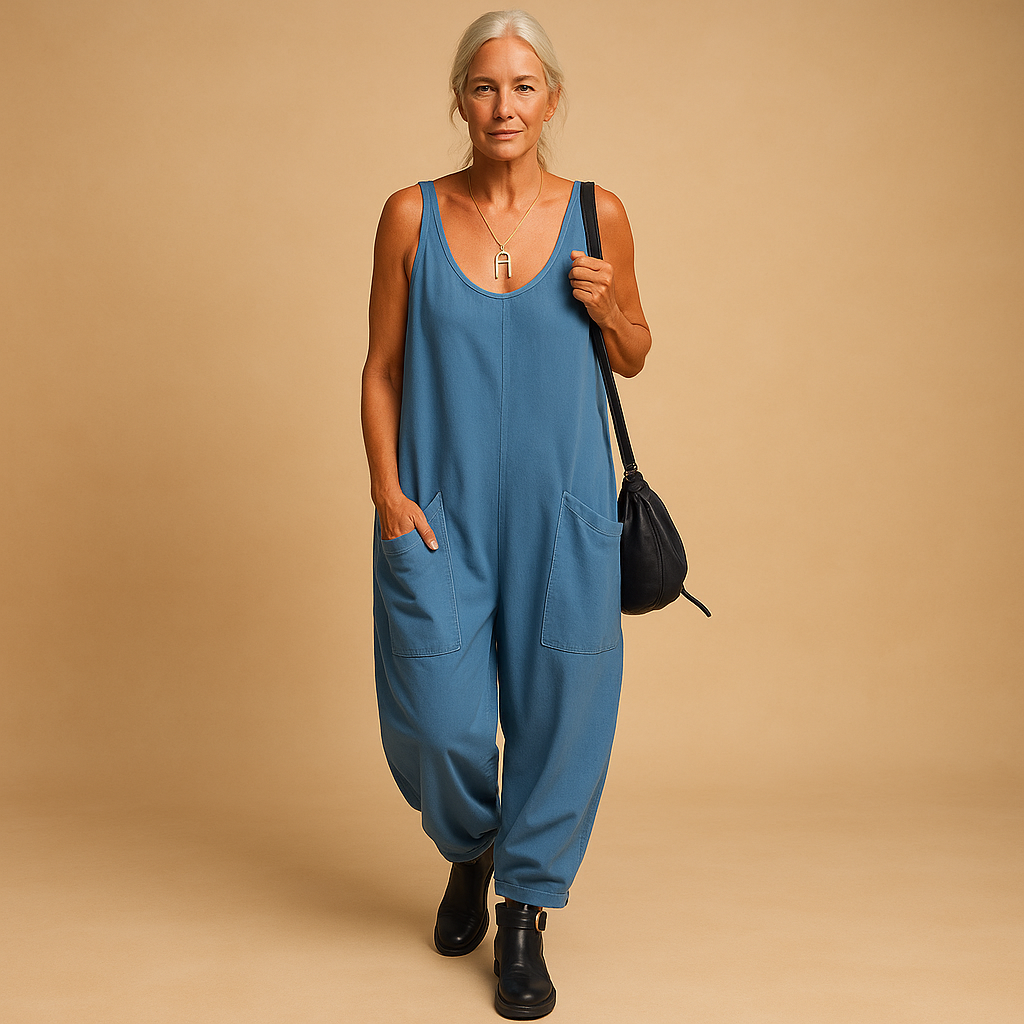Women’s Relaxed V-Neck Jumpsuit with Patch Pockets – Lightweight Sleeveless Style for Summer Travel and Casual Days