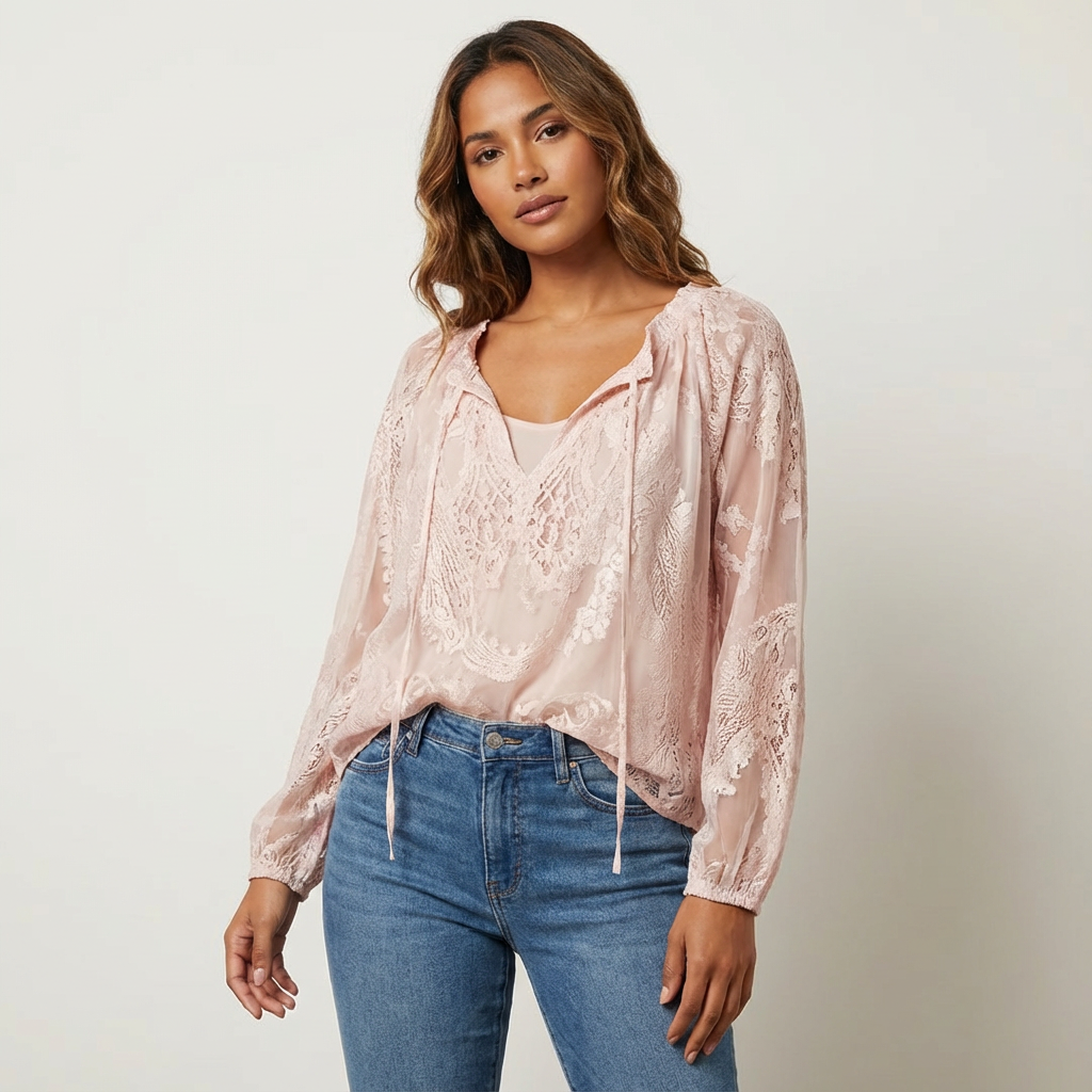 Damebluse med tekstureret blonde og løs bindehals