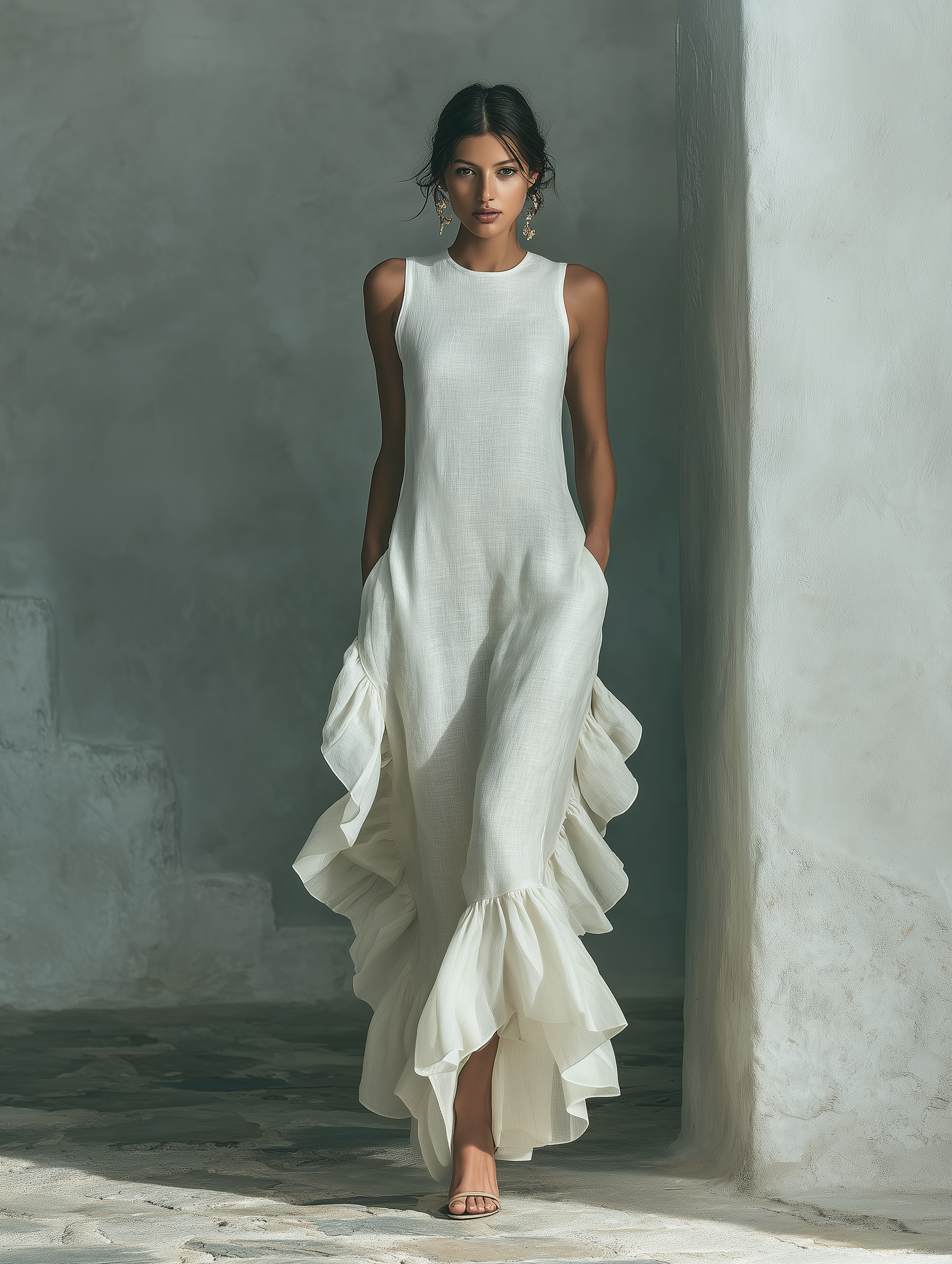 Vestido maxi para mujer con dobladillo con volantes y corte sin mangas