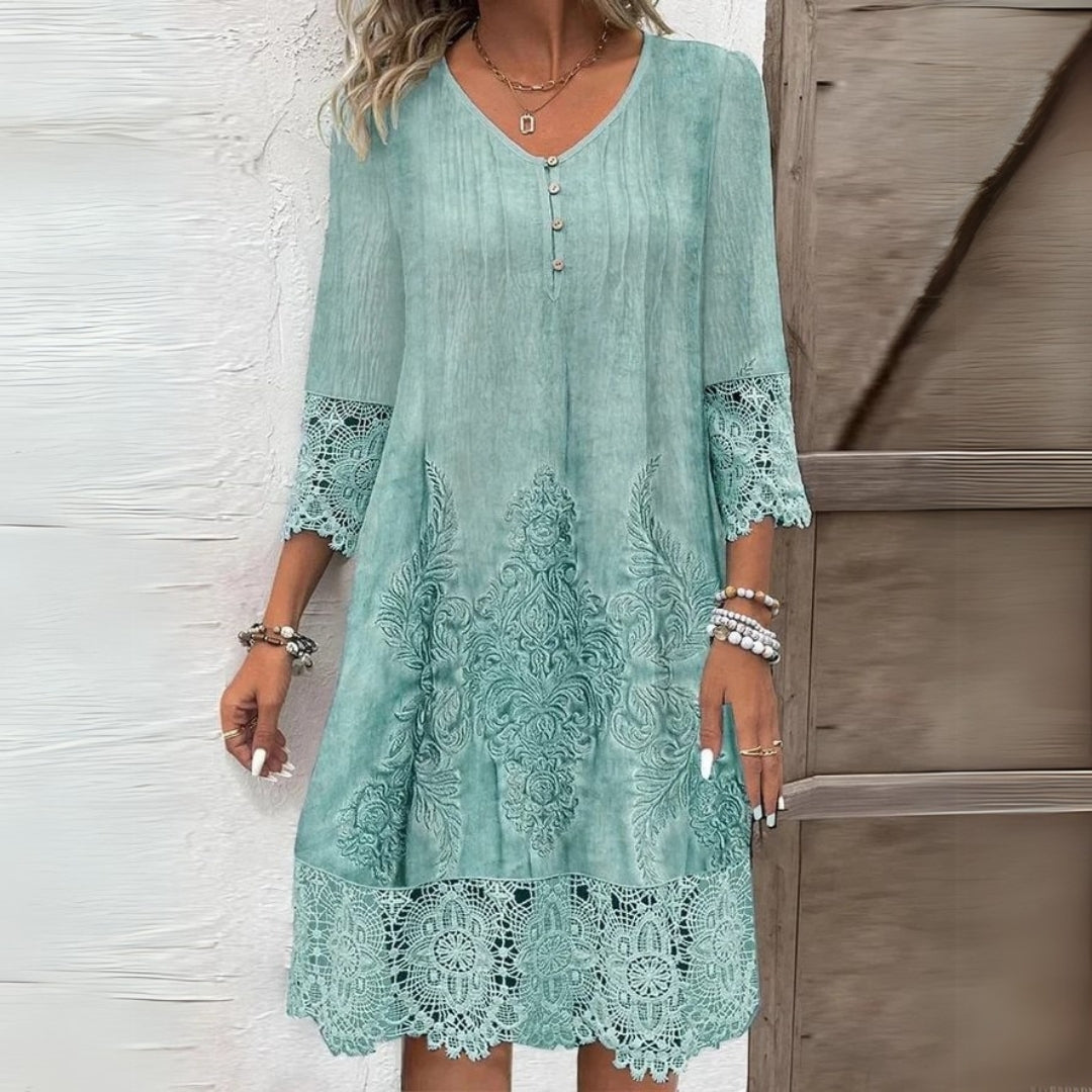 Women’s Lace-Trim Shift Dress – Embroidered Midi Dress for Summer Wear