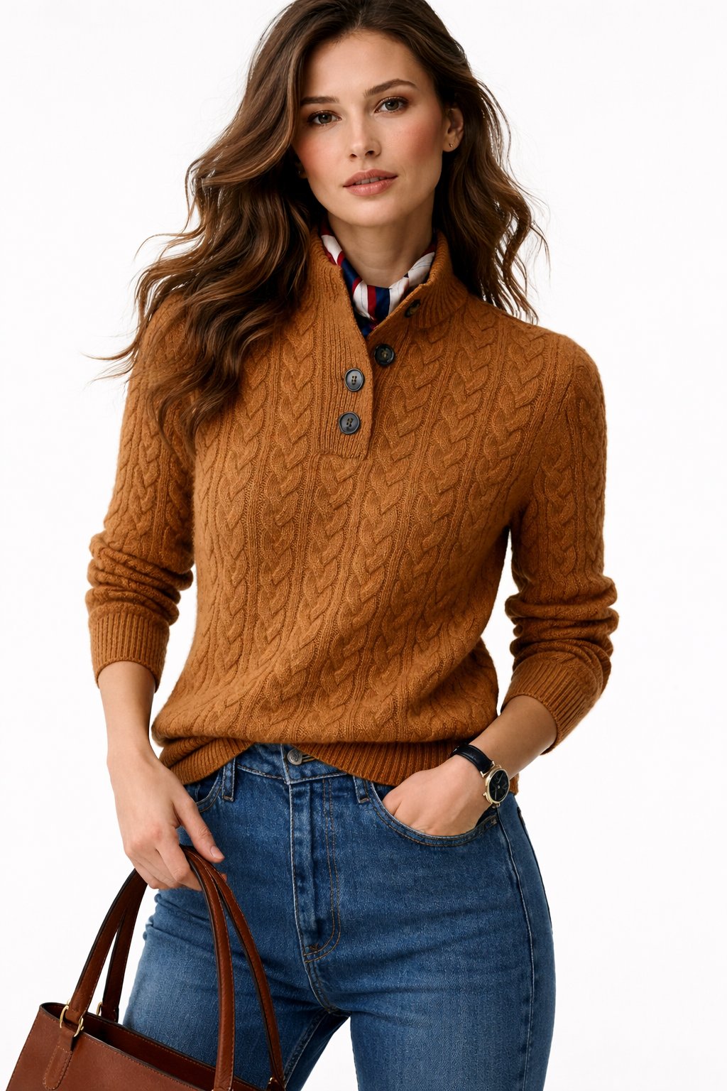 Women’s Wool-Blend Button-Neck Sweater – Warm Long-Sleeve Layer for Autumn and Winter