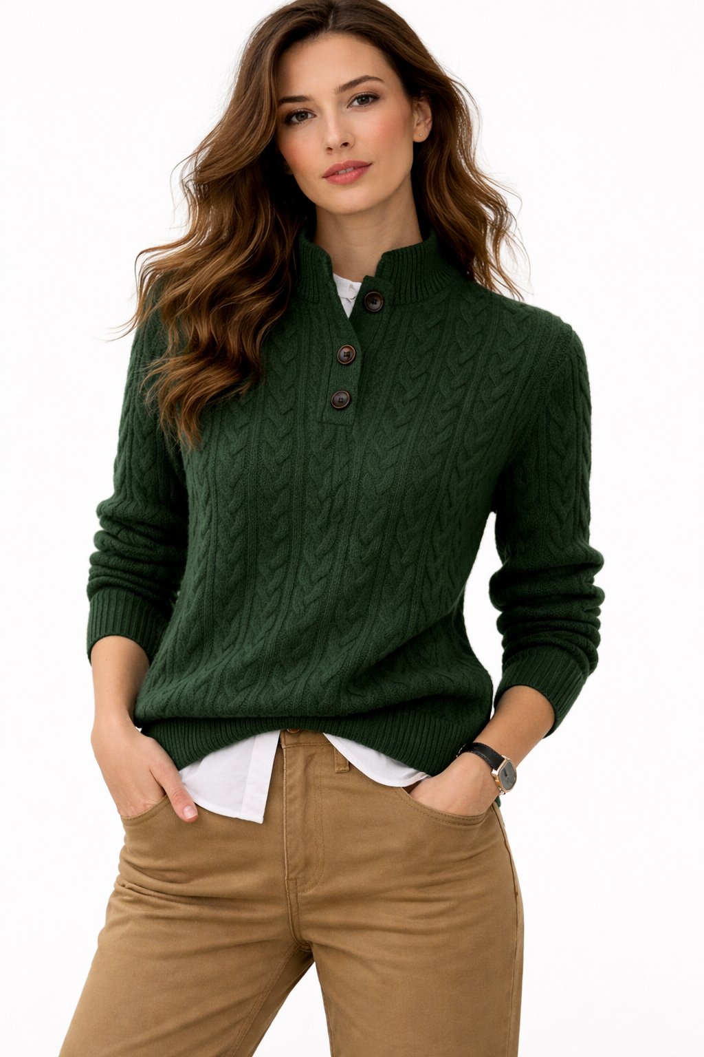 Women’s Wool-Blend Button-Neck Sweater – Warm Long-Sleeve Layer for Autumn and Winter