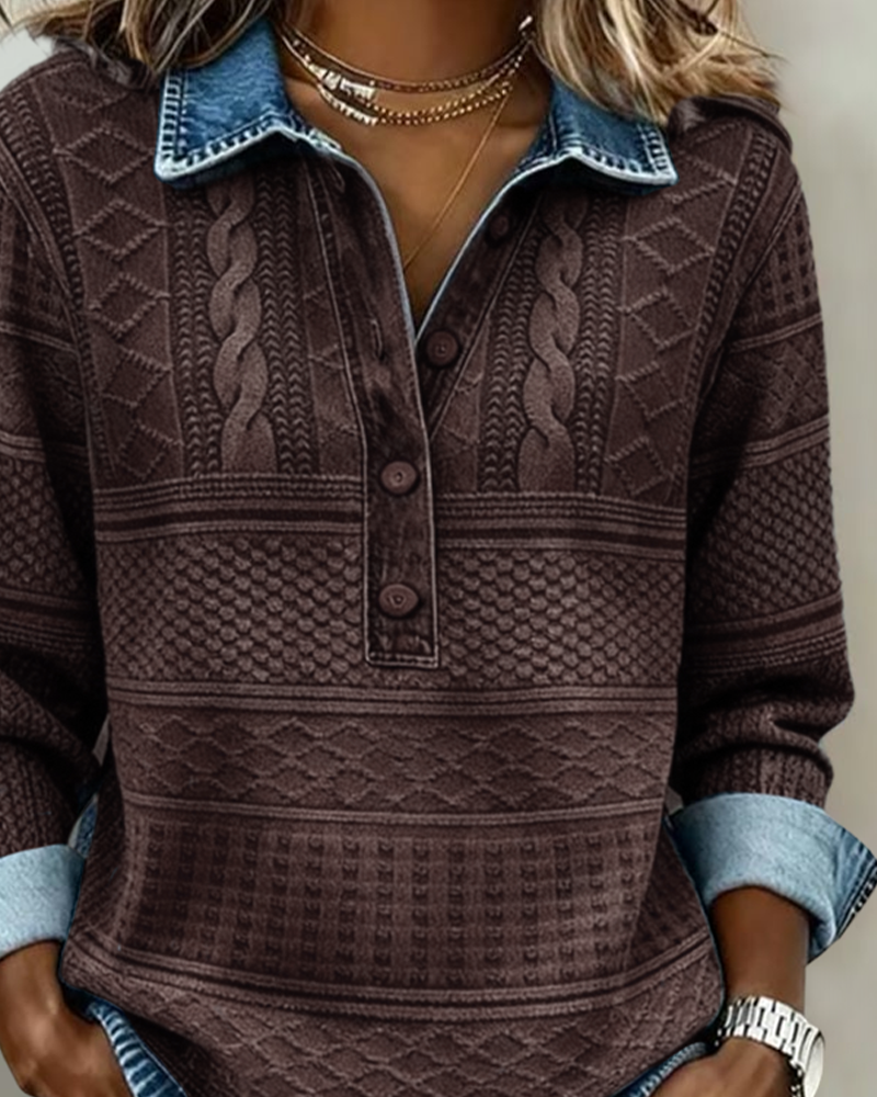 Maglia da donna lavorata a maglia con colletto e bottoni frontali – strato testurizzato e dalla vestibilità rilassata per l’autunno e l’inverno