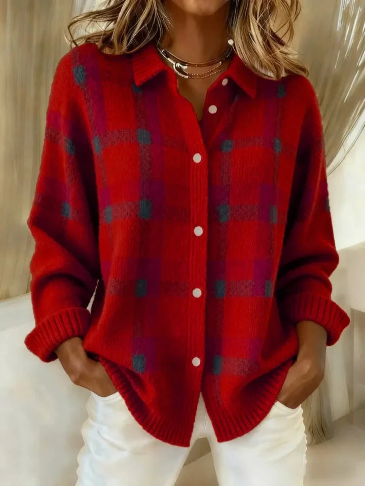 Camisa de malha descontraída com botões para mulher – camada com gola para o outono e o inverno