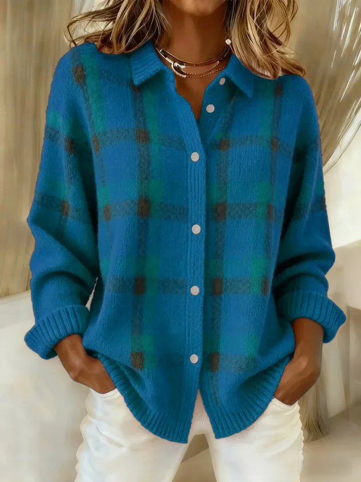 Camisa de malha descontraída com botões para mulher – camada com gola para o outono e o inverno