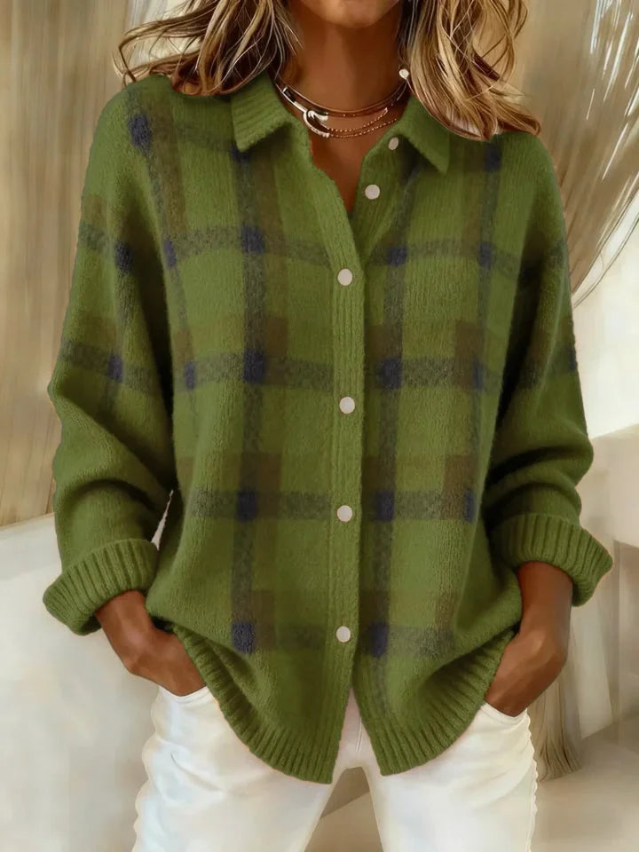 Camisa de malha descontraída com botões para mulher – camada com gola para o outono e o inverno