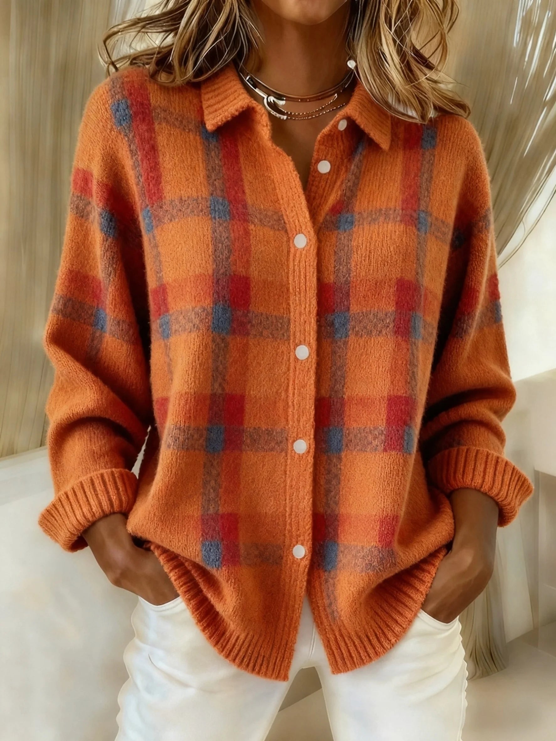 Camisa de malha descontraída com botões para mulher – camada com gola para o outono e o inverno