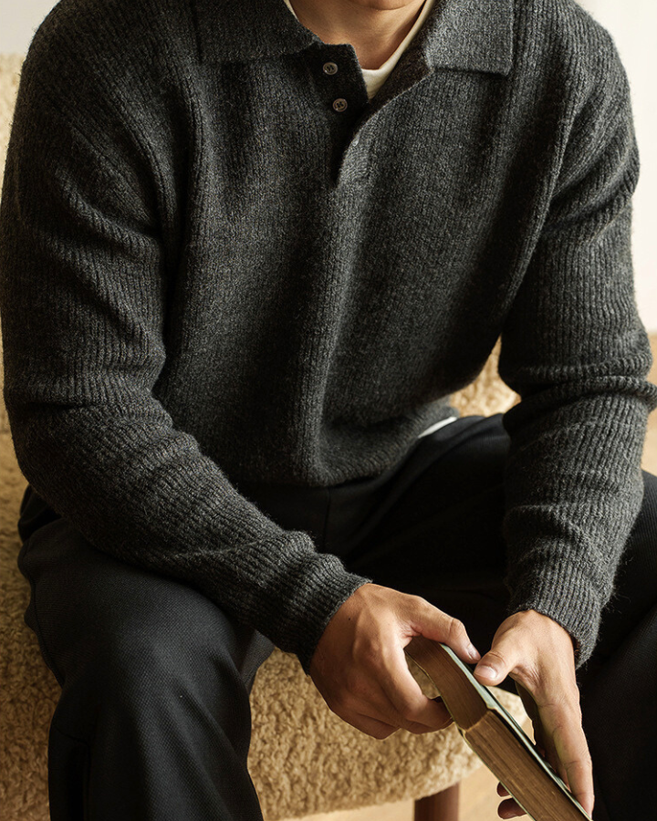 Men’s Ribbed Polo-Neck Sweater – Buttoned Knit for Autumn and Winter