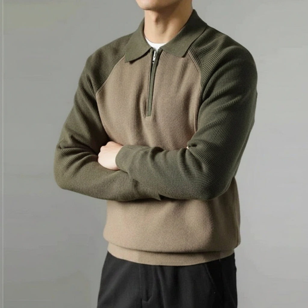 Men’s Zip-Polo Knit Sweater – Raglan-Sleeve Smart Casual Layer for Autumn and Winter