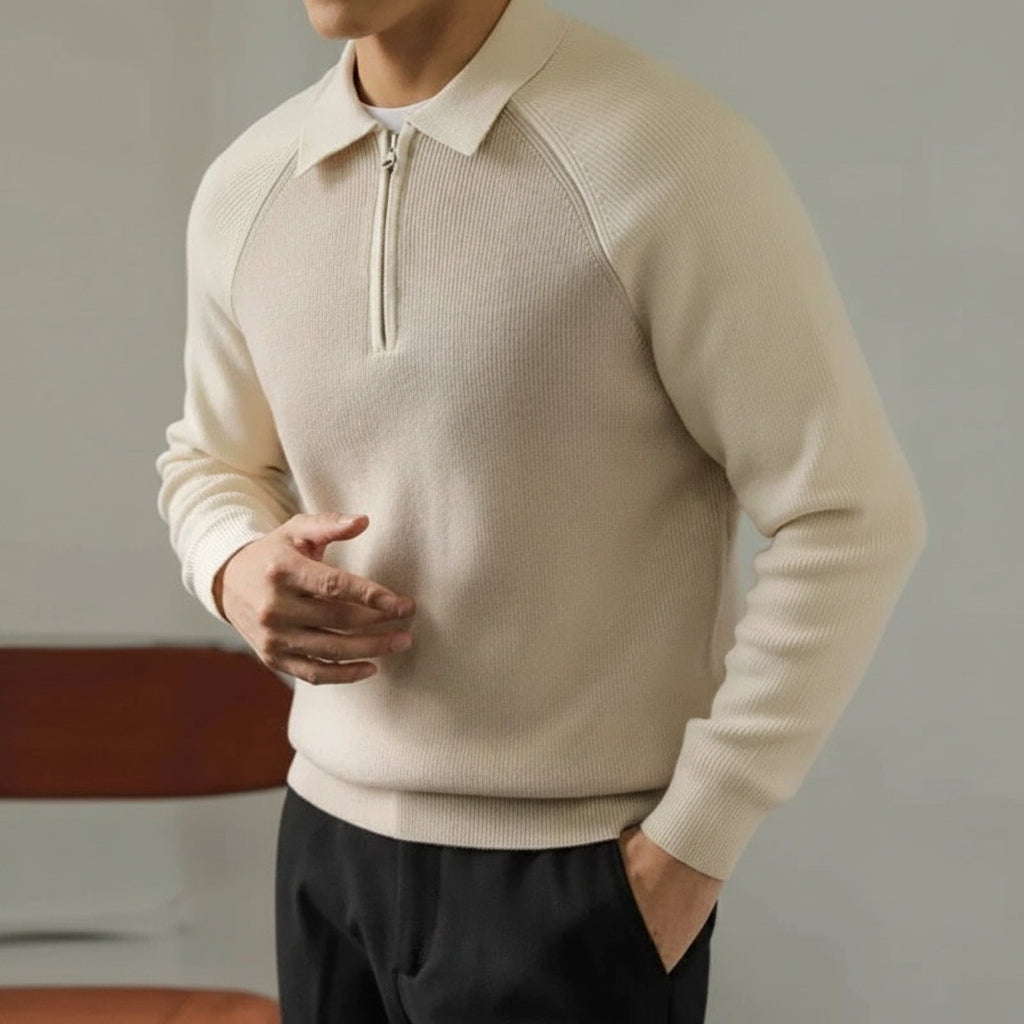 Men’s Zip-Polo Knit Sweater – Raglan-Sleeve Smart Casual Layer for Autumn and Winter