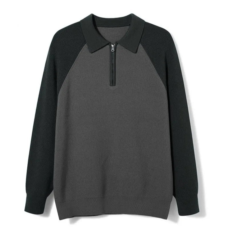 Men’s Zip-Polo Knit Sweater – Raglan-Sleeve Smart Casual Layer for Autumn and Winter