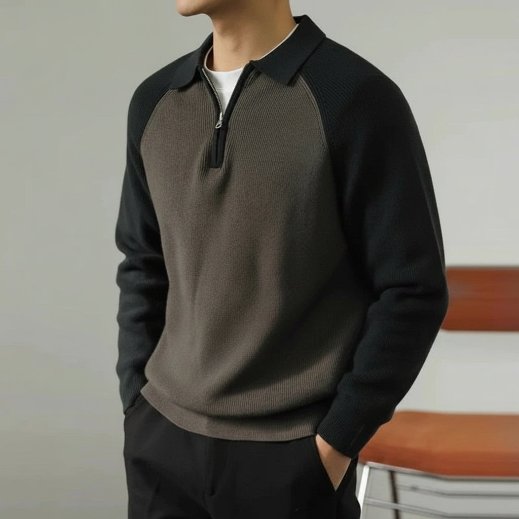 Men’s Zip-Polo Knit Sweater – Raglan-Sleeve Smart Casual Layer for Autumn and Winter