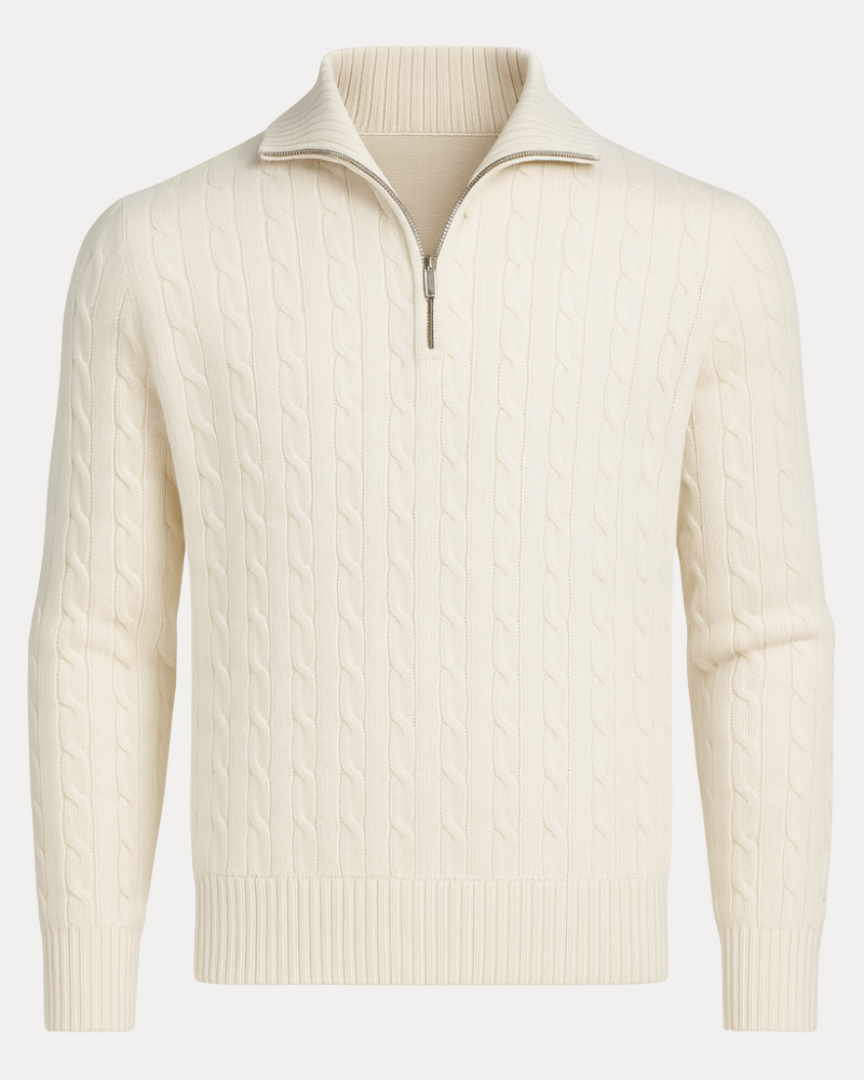 Kabelstrikket herresweater med halvlængde lynlås – struktureret, elegant lag til kontoret og vinteren