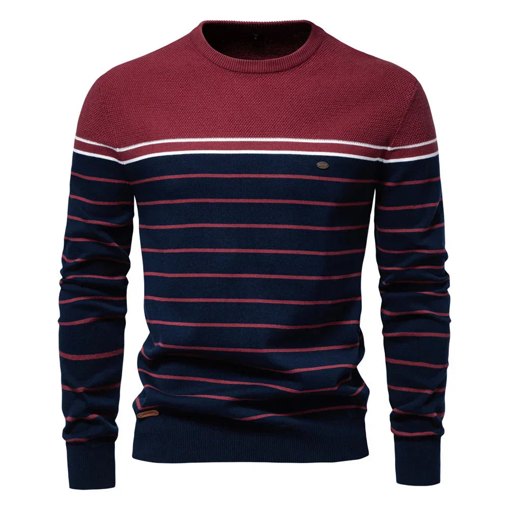 Męski sweter z nadrukiem i okrągłym dekoltem – prążkowana dzianina na co dzień w stylu smart casual