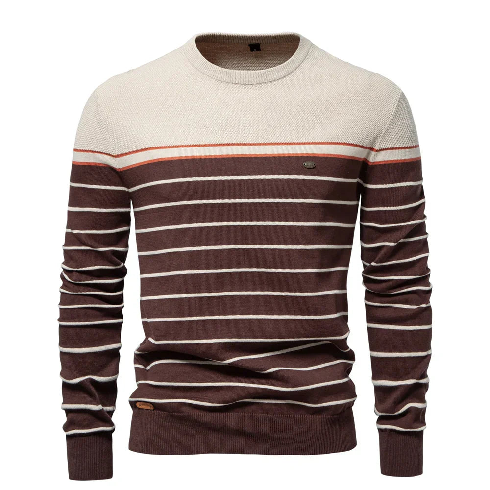Męski sweter z nadrukiem i okrągłym dekoltem – prążkowana dzianina na co dzień w stylu smart casual