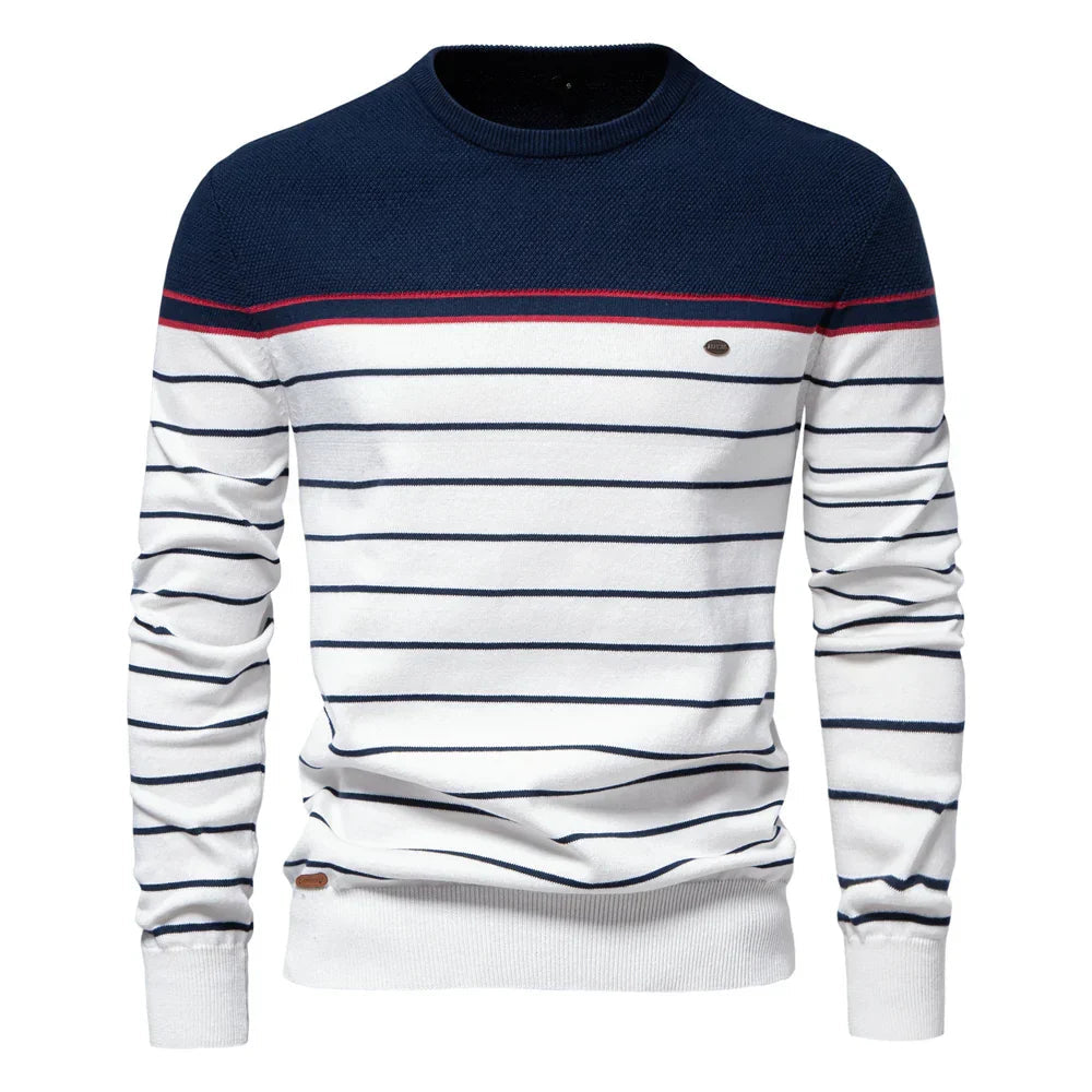 Męski sweter z nadrukiem i okrągłym dekoltem – prążkowana dzianina na co dzień w stylu smart casual