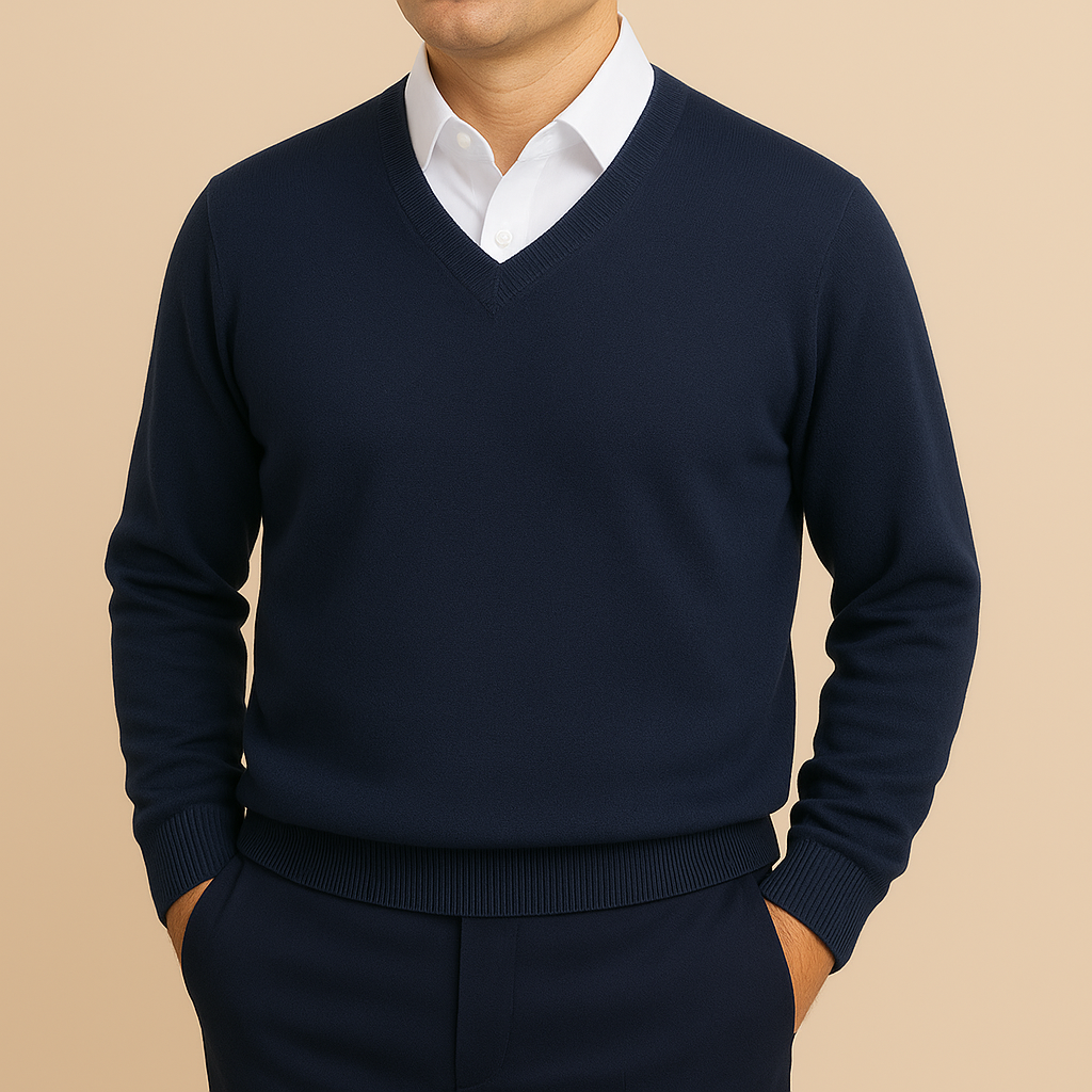 Camisola masculina de gola em V – malha refinada de manga comprida para o escritório e o dia a dia