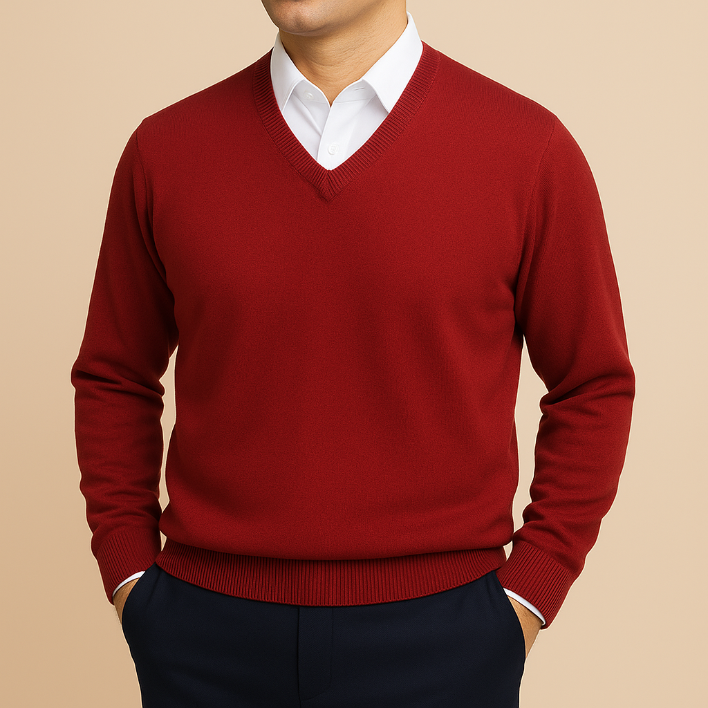 Camisola masculina de gola em V – malha refinada de manga comprida para o escritório e o dia a dia