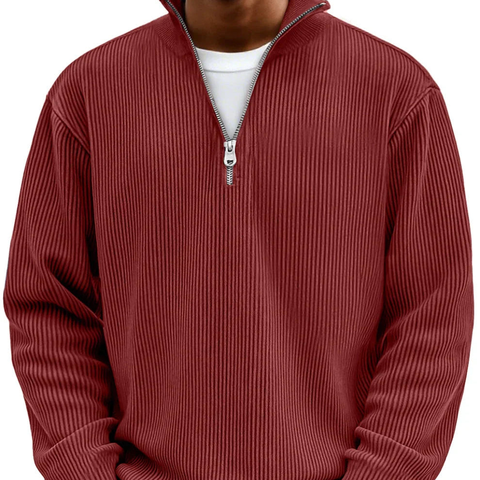 Camisola masculina de malha canelada com fecho no decote – camada descontraída de mangas compridas para dias mais frescos