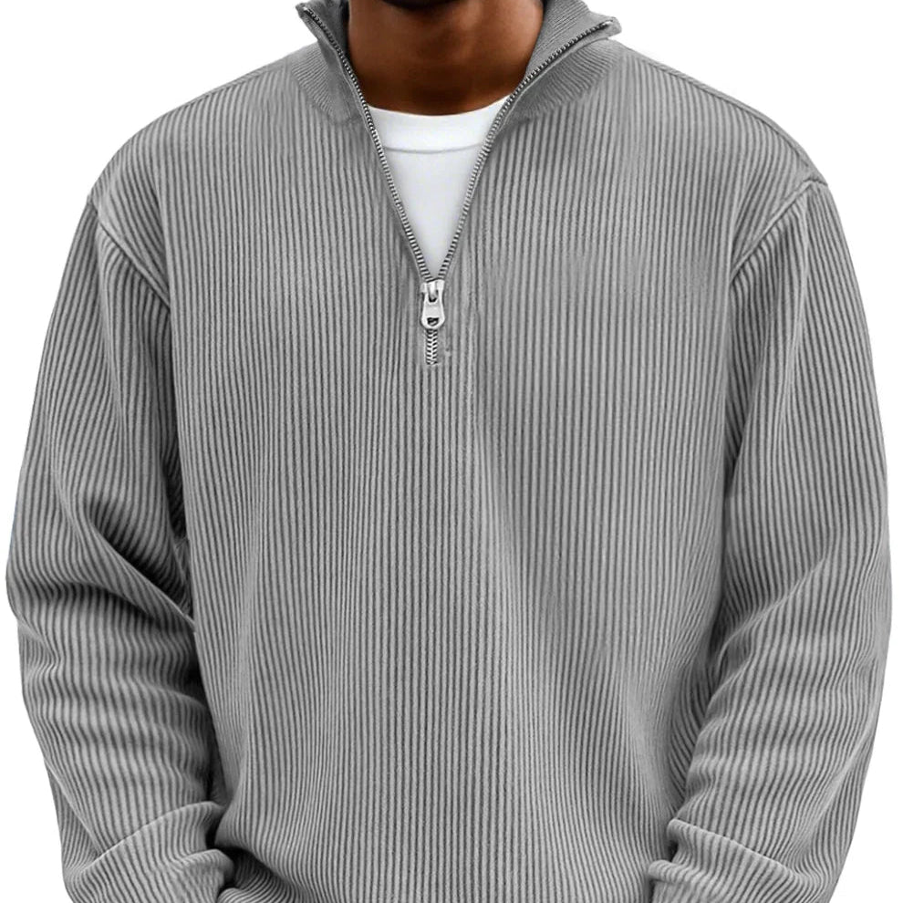 Camisola masculina de malha canelada com fecho no decote – camada descontraída de mangas compridas para dias mais frescos