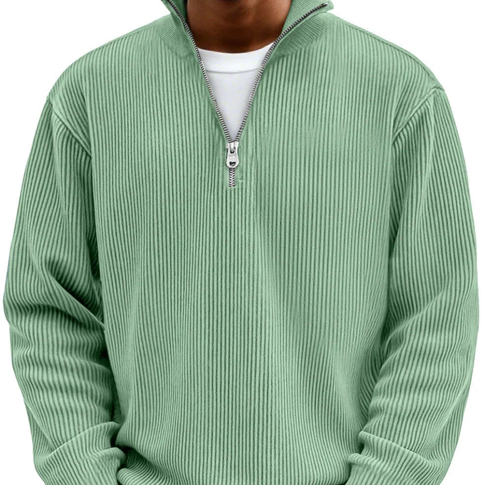 Camisola masculina de malha canelada com fecho no decote – camada descontraída de mangas compridas para dias mais frescos