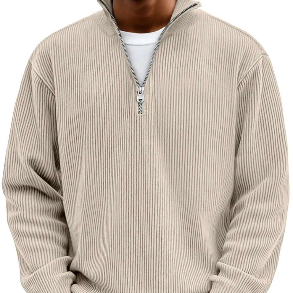 Camisola masculina de malha canelada com fecho no decote – camada descontraída de mangas compridas para dias mais frescos