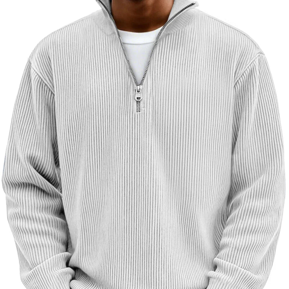 Camisola masculina de malha canelada com fecho no decote – camada descontraída de mangas compridas para dias mais frescos
