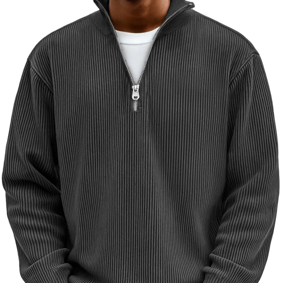 Camisola masculina de malha canelada com fecho no decote – camada descontraída de mangas compridas para dias mais frescos