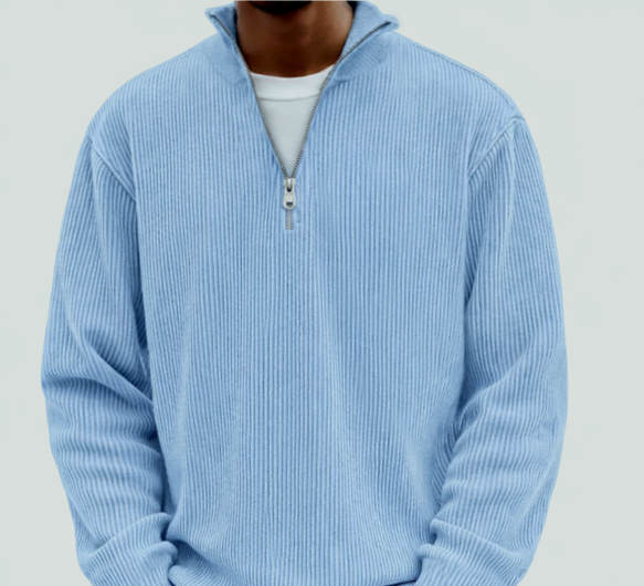 Camisola masculina de malha canelada com fecho no decote – camada descontraída de mangas compridas para dias mais frescos