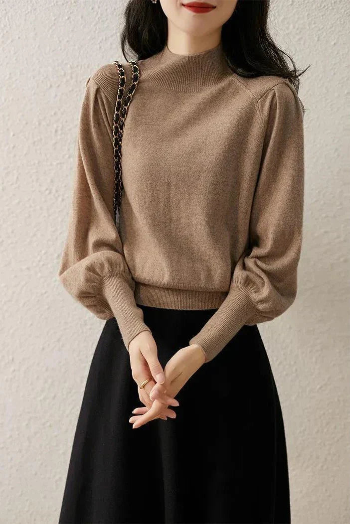 Haut tricoté pour femme à col montant – couche à manches longues pour l’automne et l’hiver