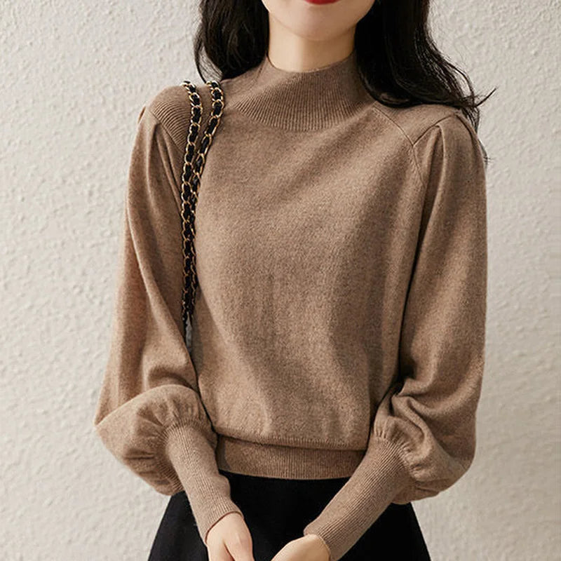 Haut tricoté pour femme à col montant – couche à manches longues pour l’automne et l’hiver