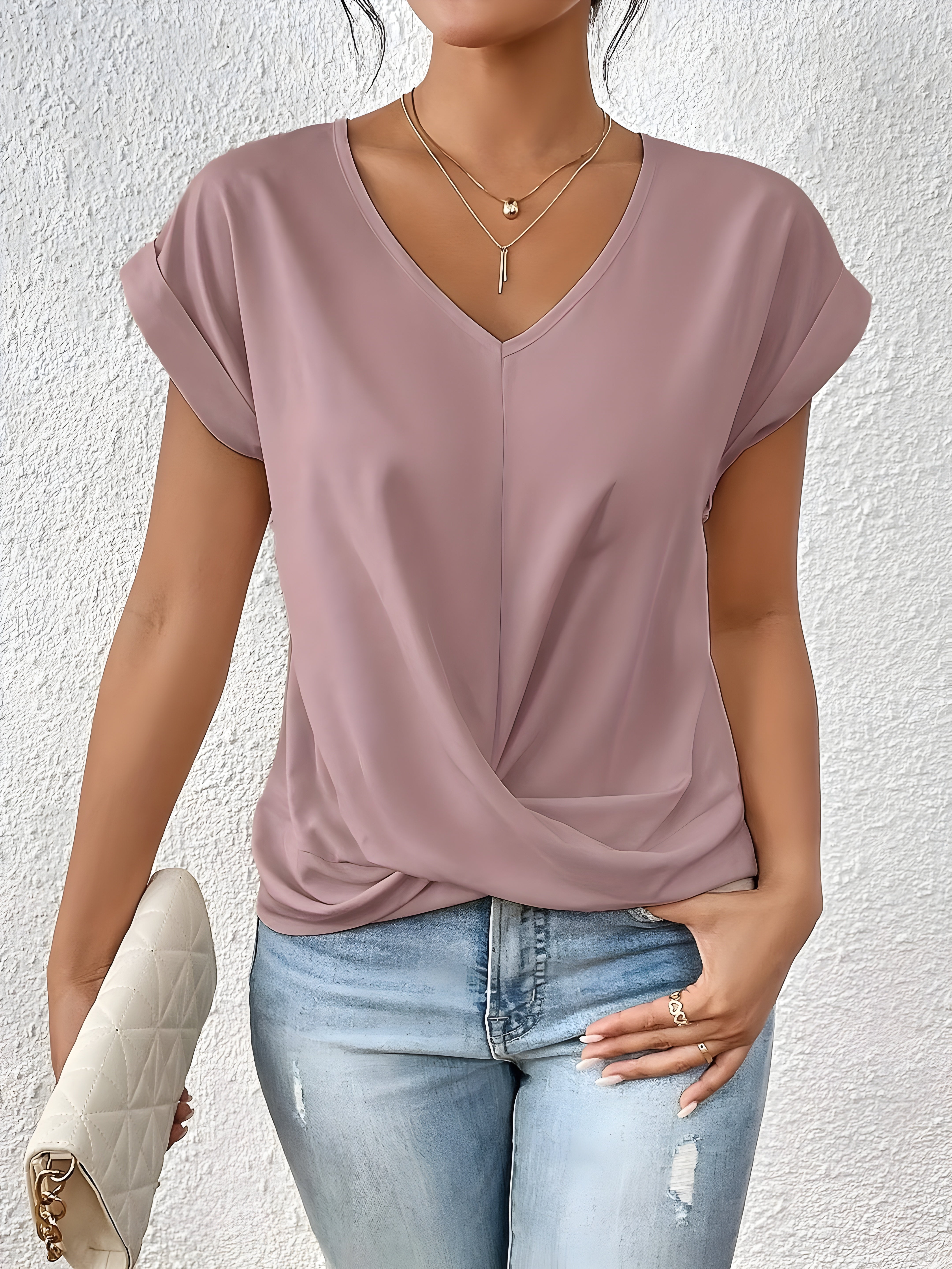 Women’s Twist Front V Neck Short Sleeve Casual Blouse