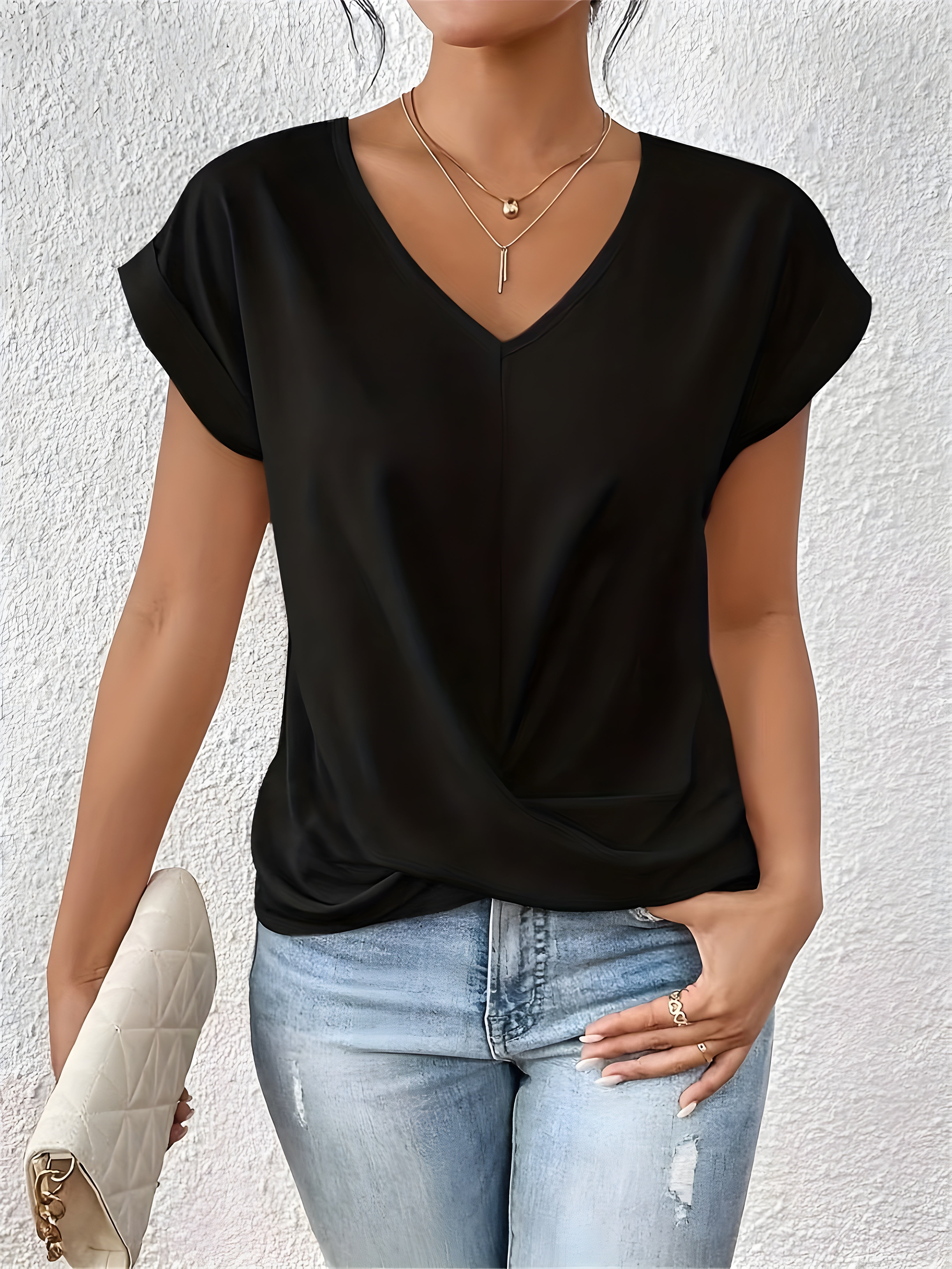 Women’s Twist Front V Neck Short Sleeve Casual Blouse