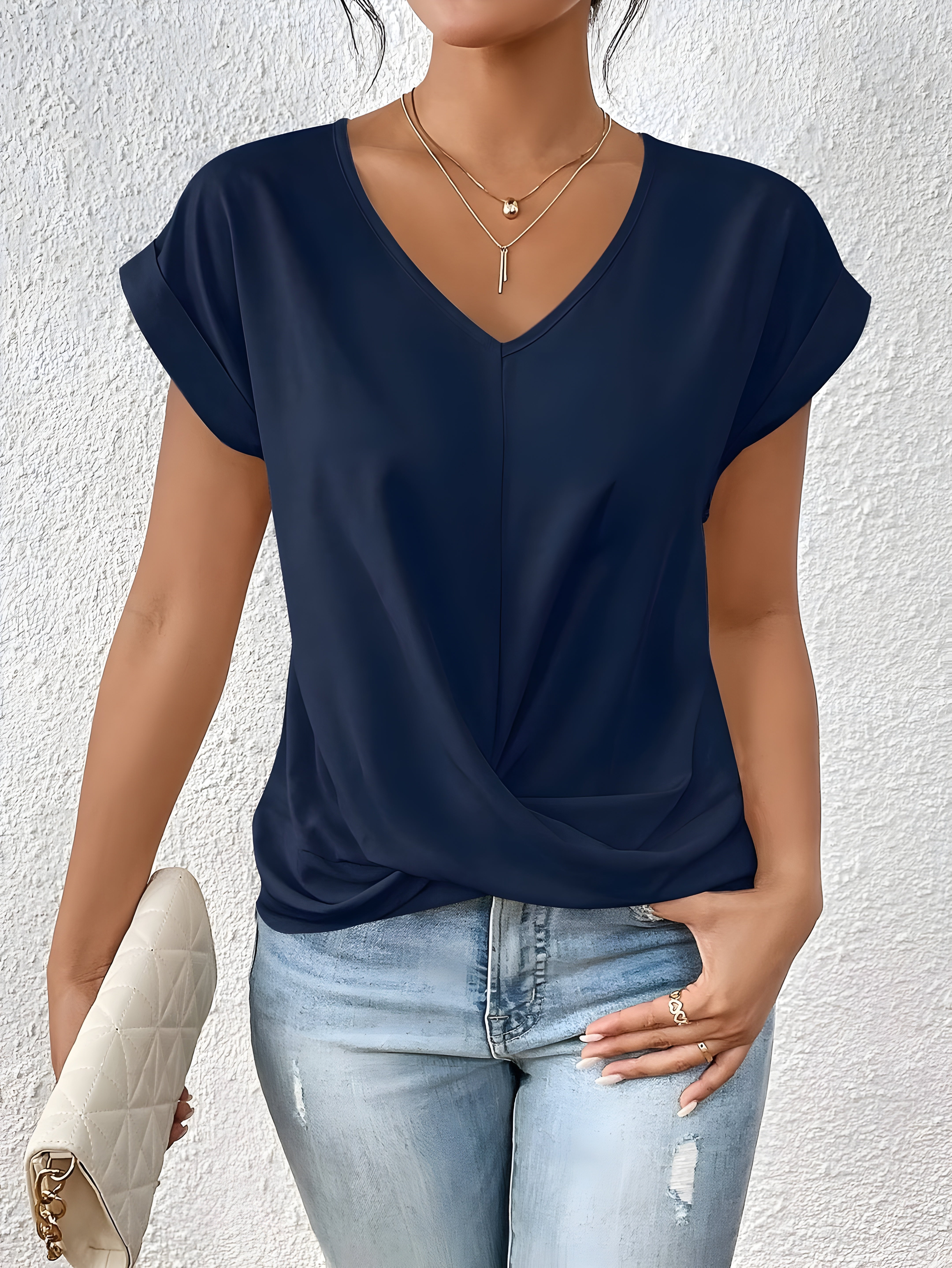 Women’s Twist Front V Neck Short Sleeve Casual Blouse