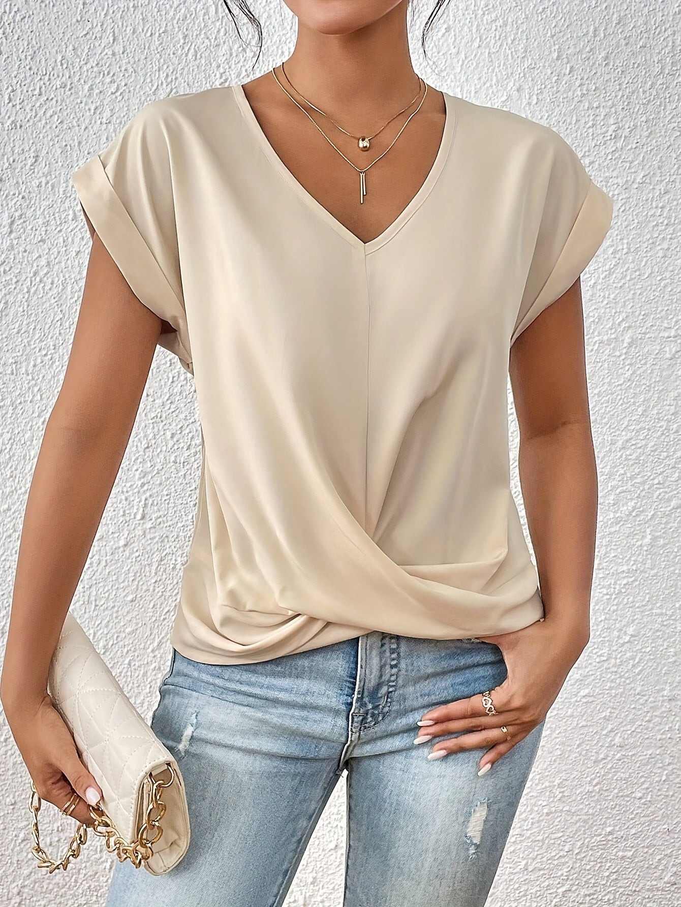 Women’s Twist Front V Neck Short Sleeve Casual Blouse