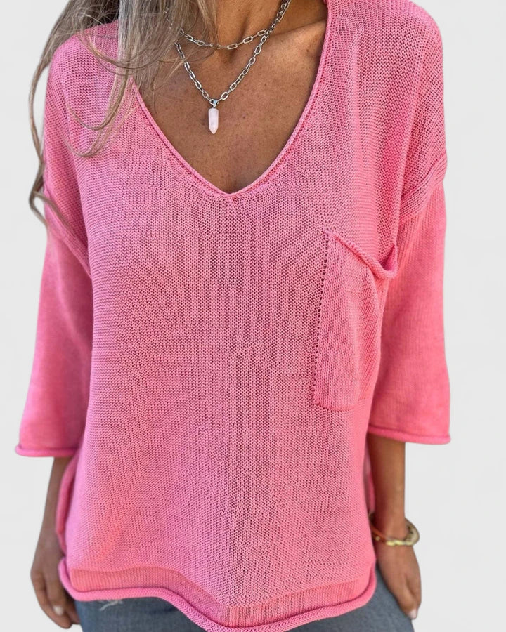 Women’s Relaxed V-Neck Knitted Top – Lightweight Long Sleeve Layer for Spring and Autumn