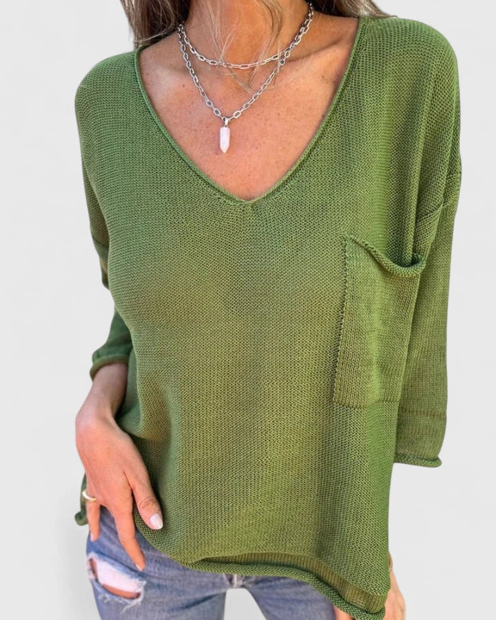 Women’s Relaxed V-Neck Knitted Top – Lightweight Long Sleeve Layer for Spring and Autumn