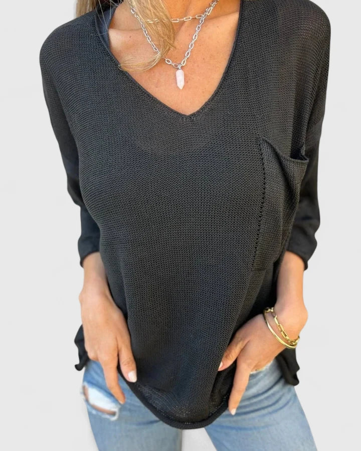 Women’s Relaxed V-Neck Knitted Top – Lightweight Long Sleeve Layer for Spring and Autumn