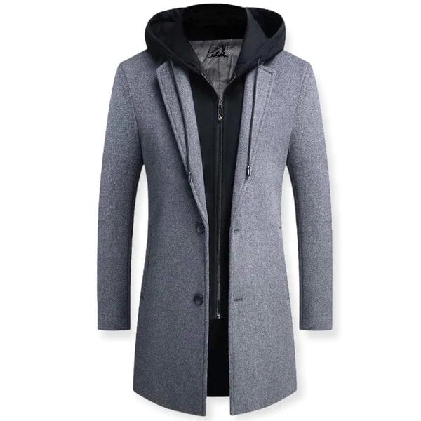 Pánský vrstvený kabát s kapucí - dlouhý vypasovaný kabát na knoflíky se vsadkou na zip pro podzimní elegantní volnočasové oblečení