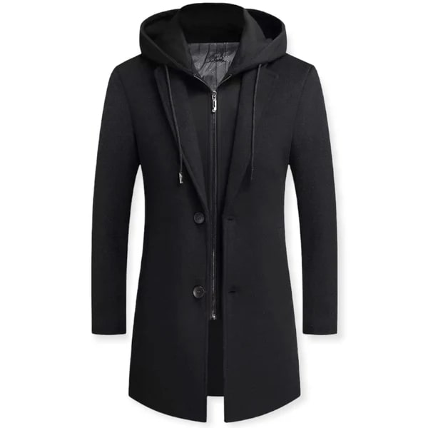 Pánský vrstvený kabát s kapucí - dlouhý vypasovaný kabát na knoflíky se vsadkou na zip pro podzimní elegantní volnočasové oblečení