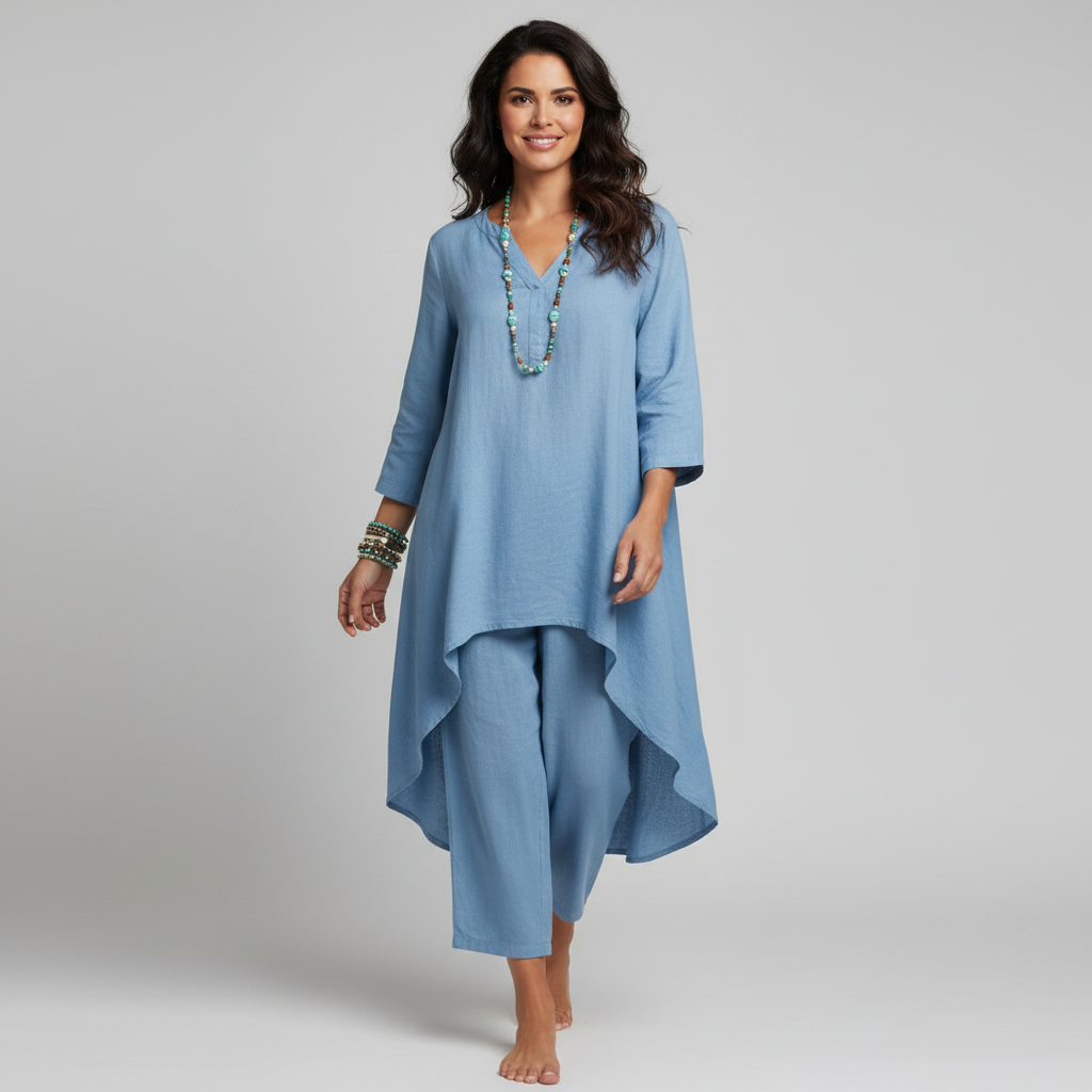 Completo da donna in lino con tunica drappeggiata e pantaloni comodi