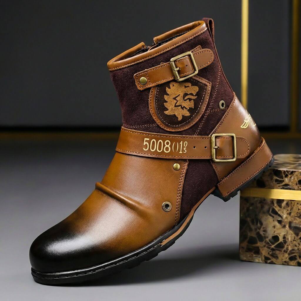 Bottines pour homme en cuir à boucle – chaussures montantes vintage à empiècements en daim pour l’automne et l’hiver