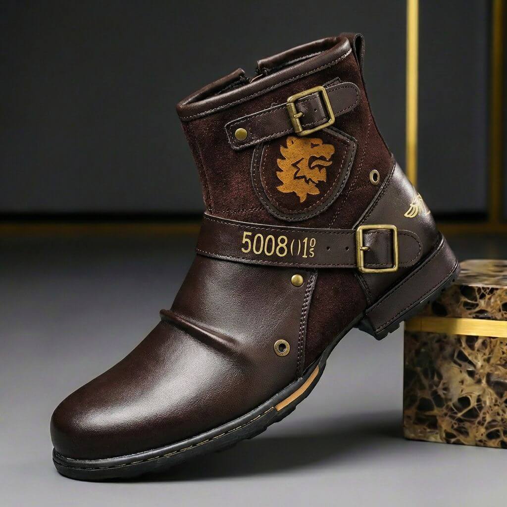 Bottines pour homme en cuir à boucle – chaussures montantes vintage à empiècements en daim pour l’automne et l’hiver