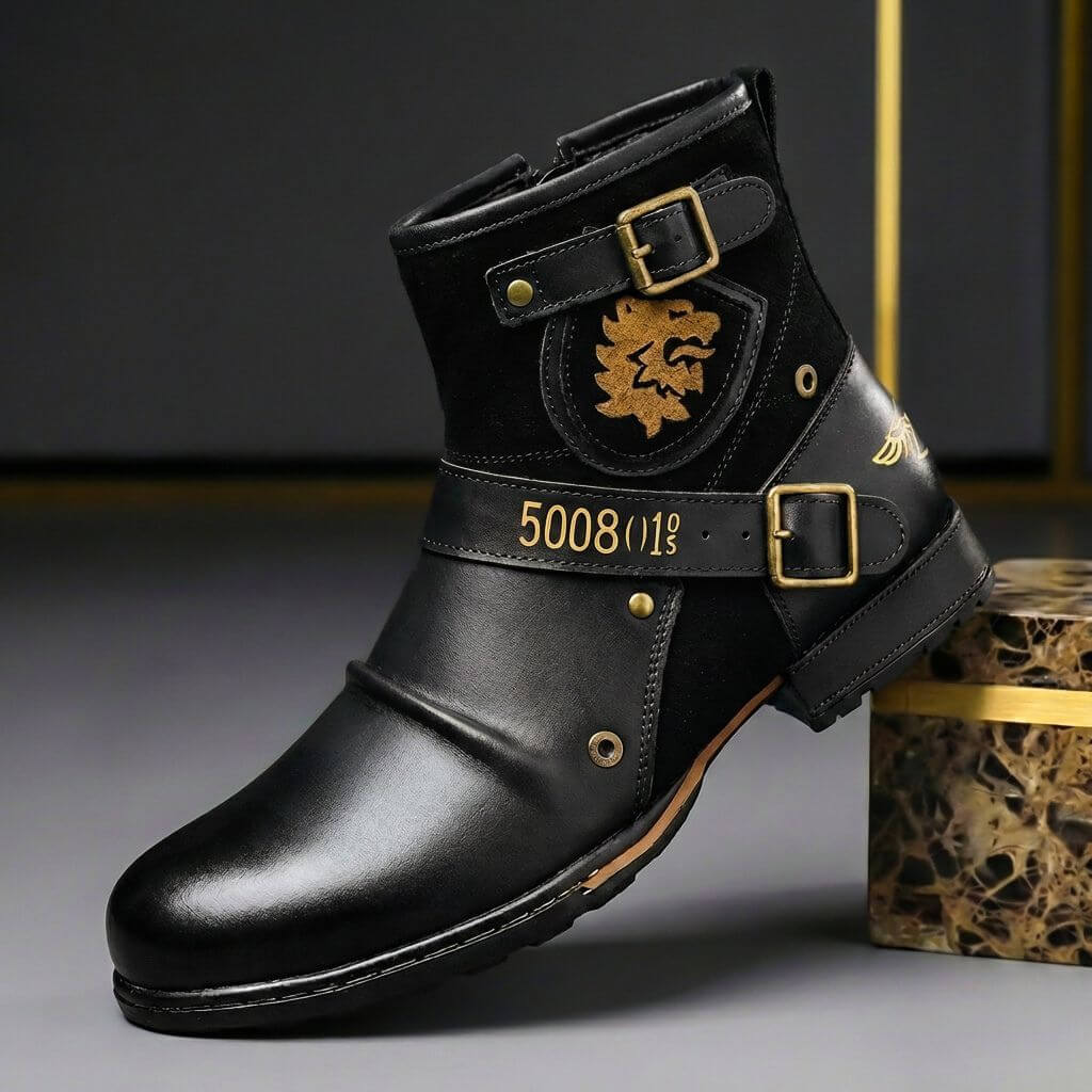Bottines pour homme en cuir à boucle – chaussures montantes vintage à empiècements en daim pour l’automne et l’hiver