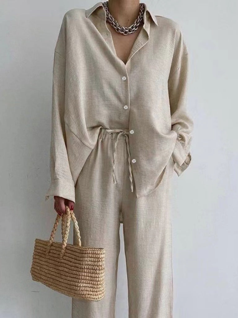 Dámská lněná souprava s oversized halenkou a kalhotami