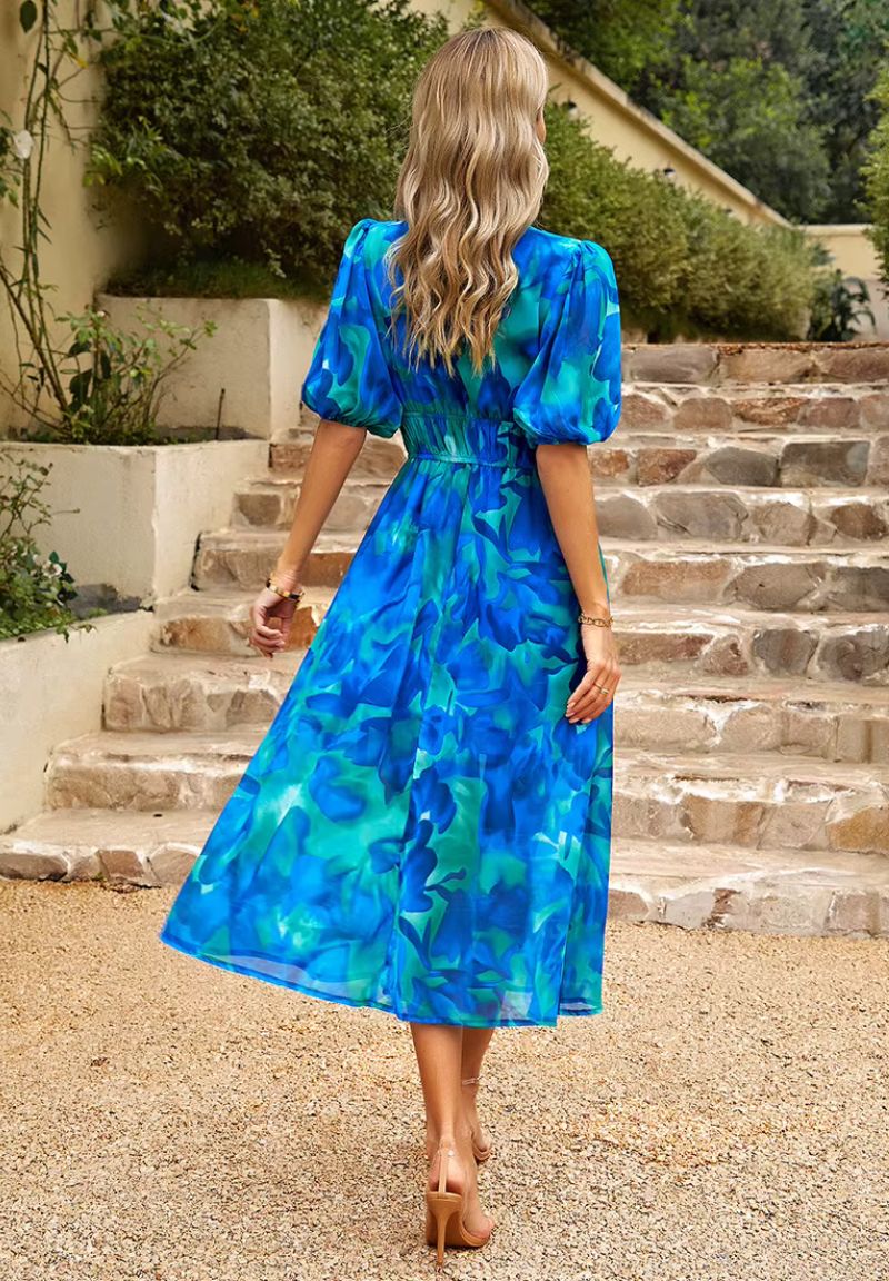 Rochie maxi de vară pentru femei, cu imprimeu floral, decolteu în V, mâneci bufante și croială fluidă