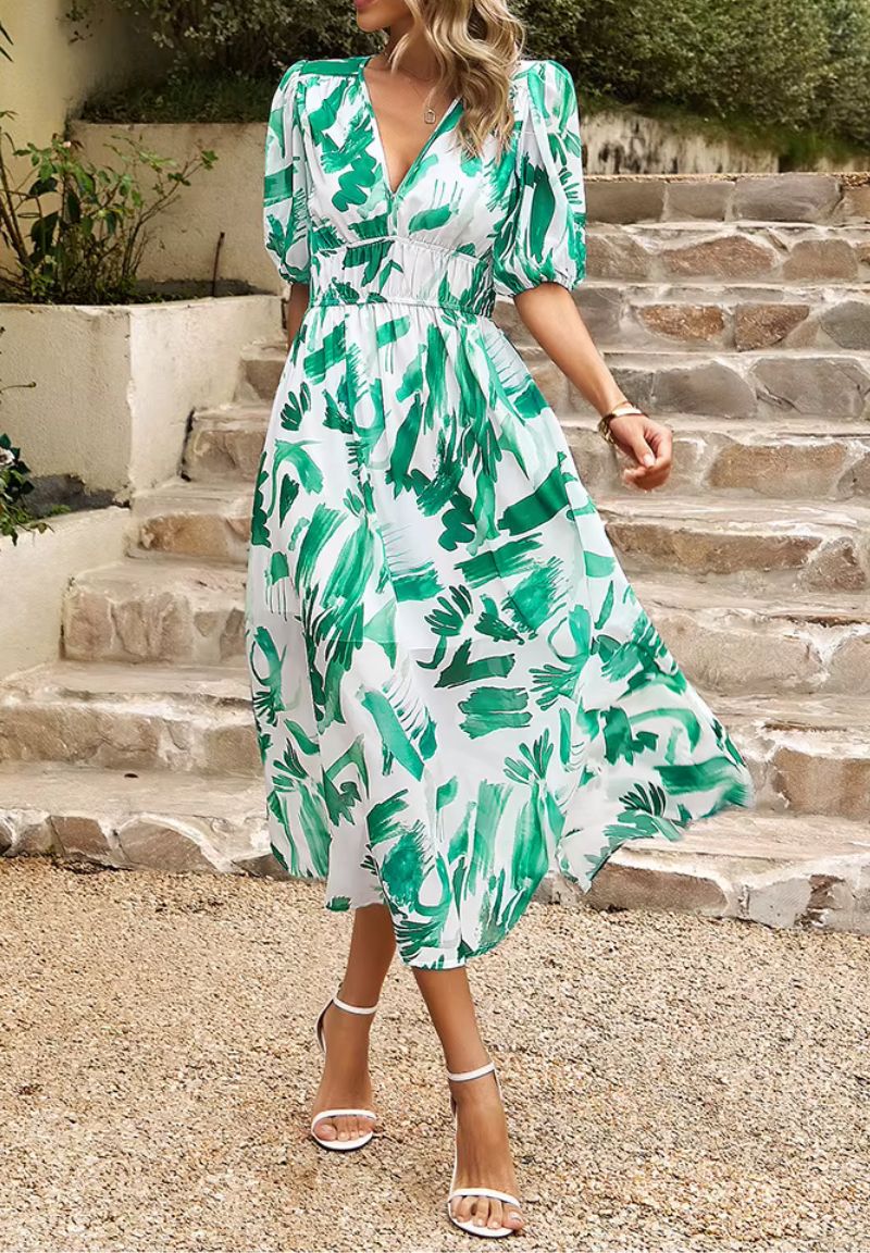 Rochie maxi de vară pentru femei, cu imprimeu floral, decolteu în V, mâneci bufante și croială fluidă