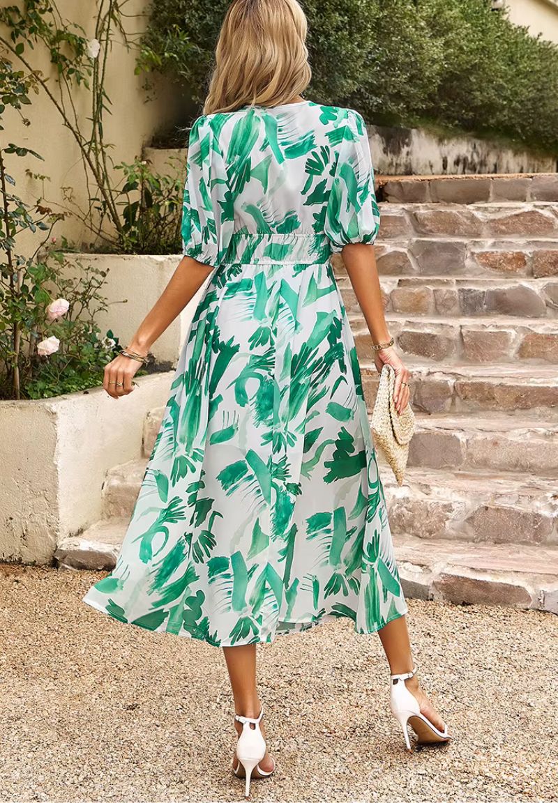 Rochie maxi de vară pentru femei, cu imprimeu floral, decolteu în V, mâneci bufante și croială fluidă
