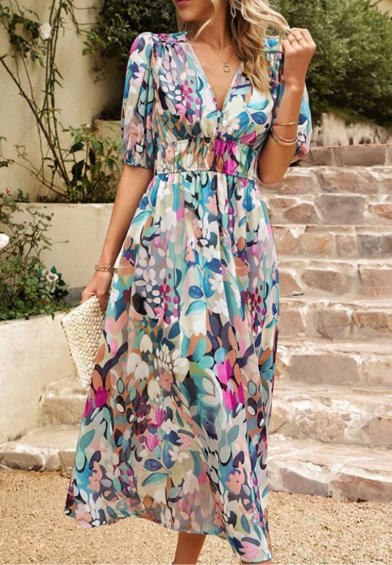 Vestido largo floral para mujer con escote en V, mangas abullonadas y estilo veraniego fluido