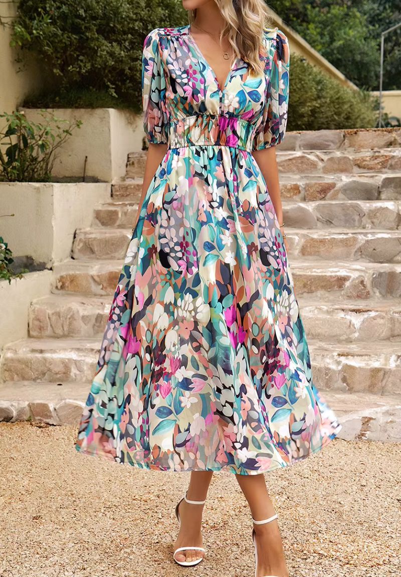 Vestido largo floral para mujer con escote en V, mangas abullonadas y estilo veraniego fluido